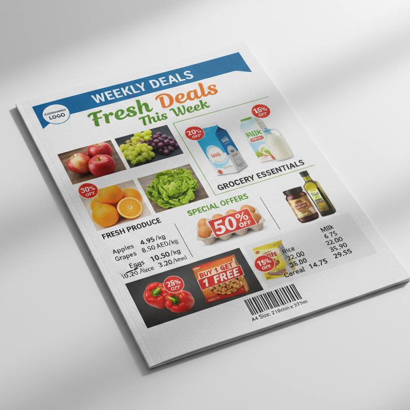 A4 Flyer mockup for supermarket with content and size