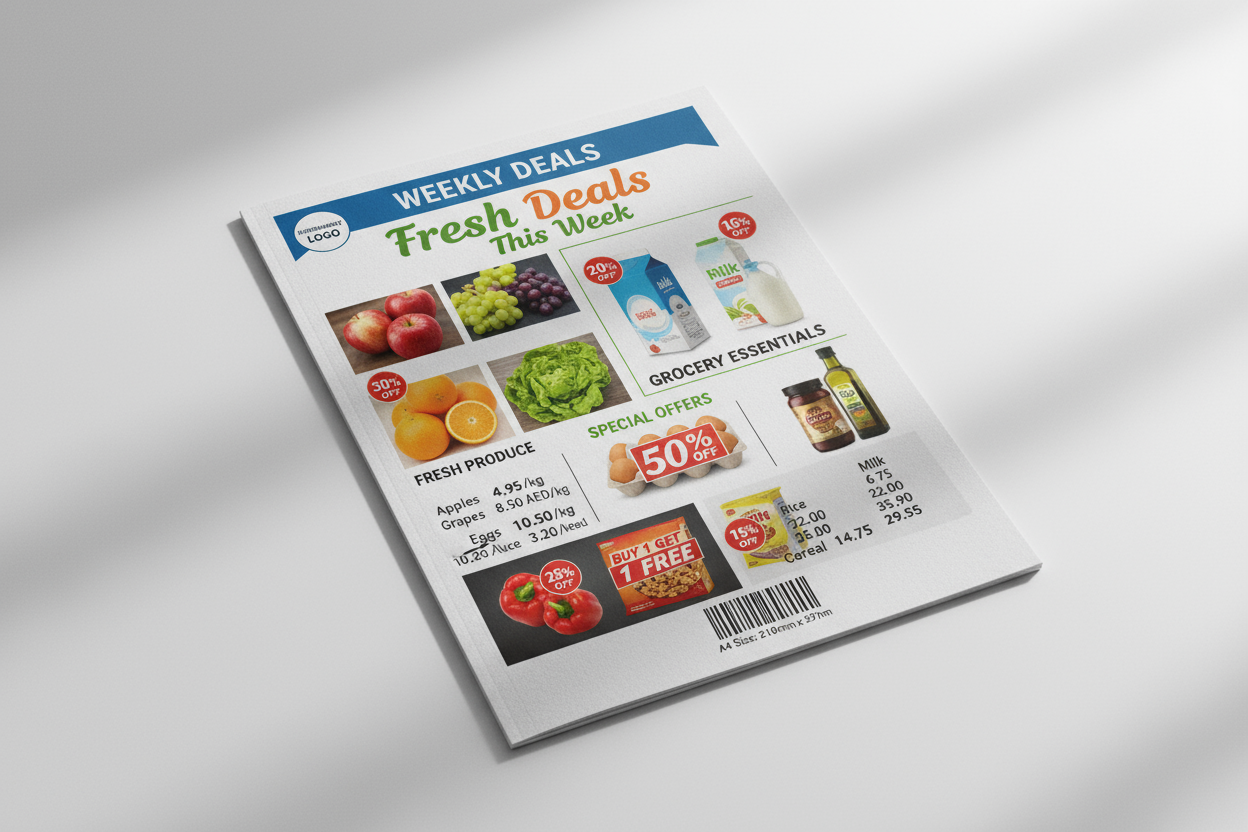 A4 Flyer mockup for supermarket with content and size