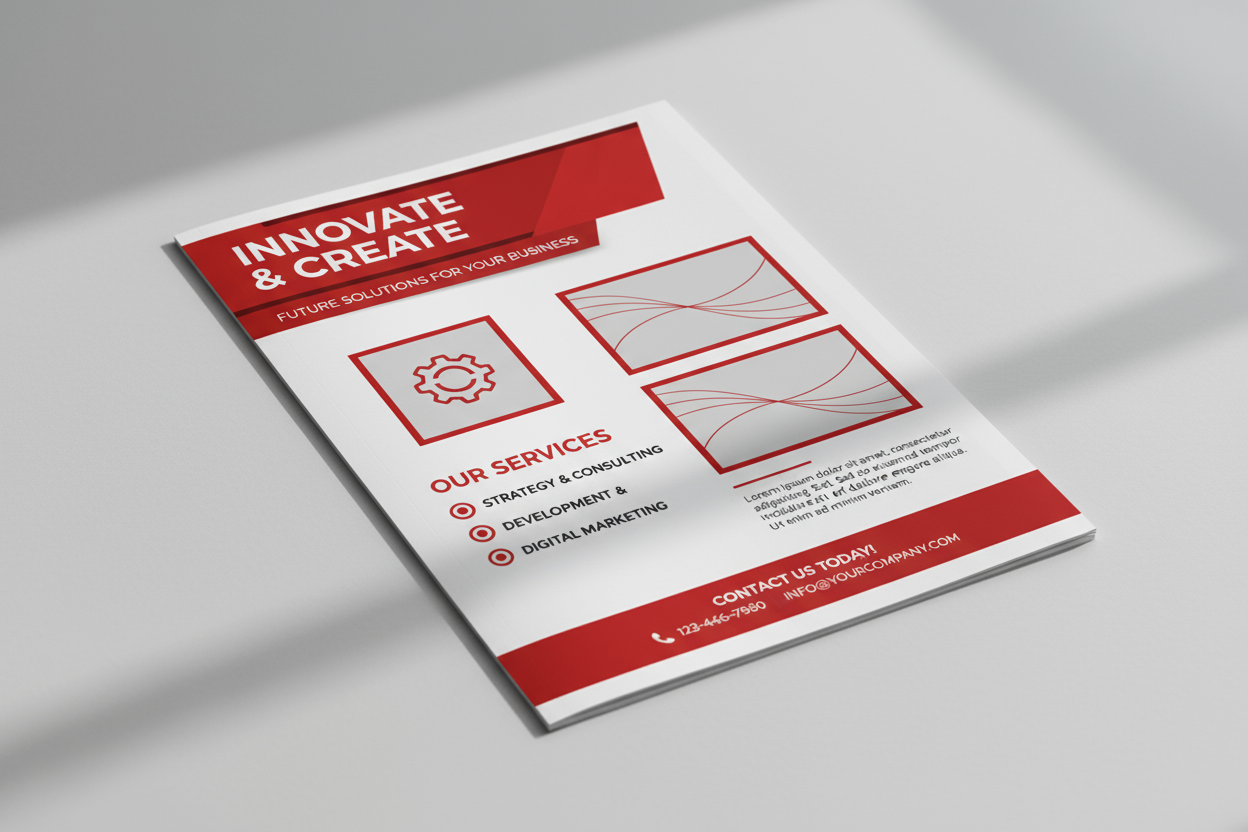 A4 flyer mockup with dummy content and red and white theme
