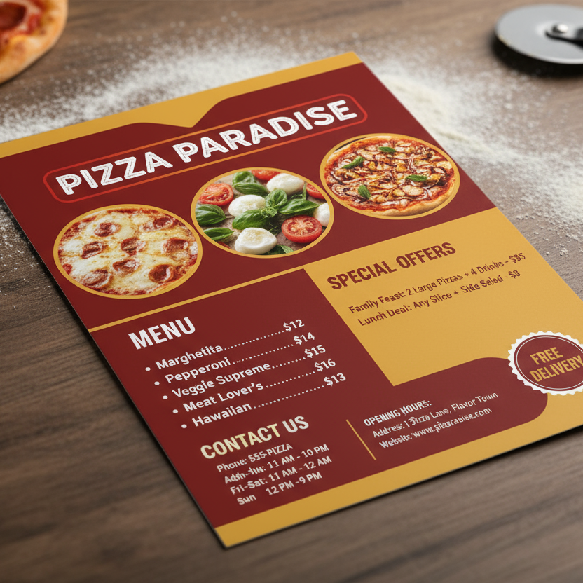 A4 Flyer mockup with dummy content of piza shop 