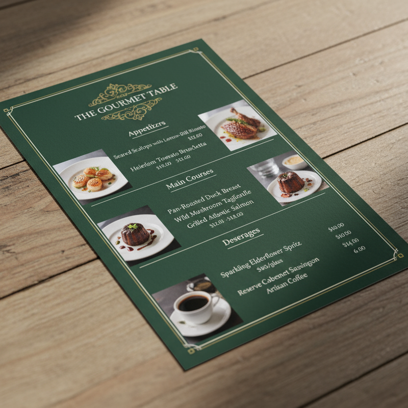 A5 Flyer mockup of restaurant menu with content and size