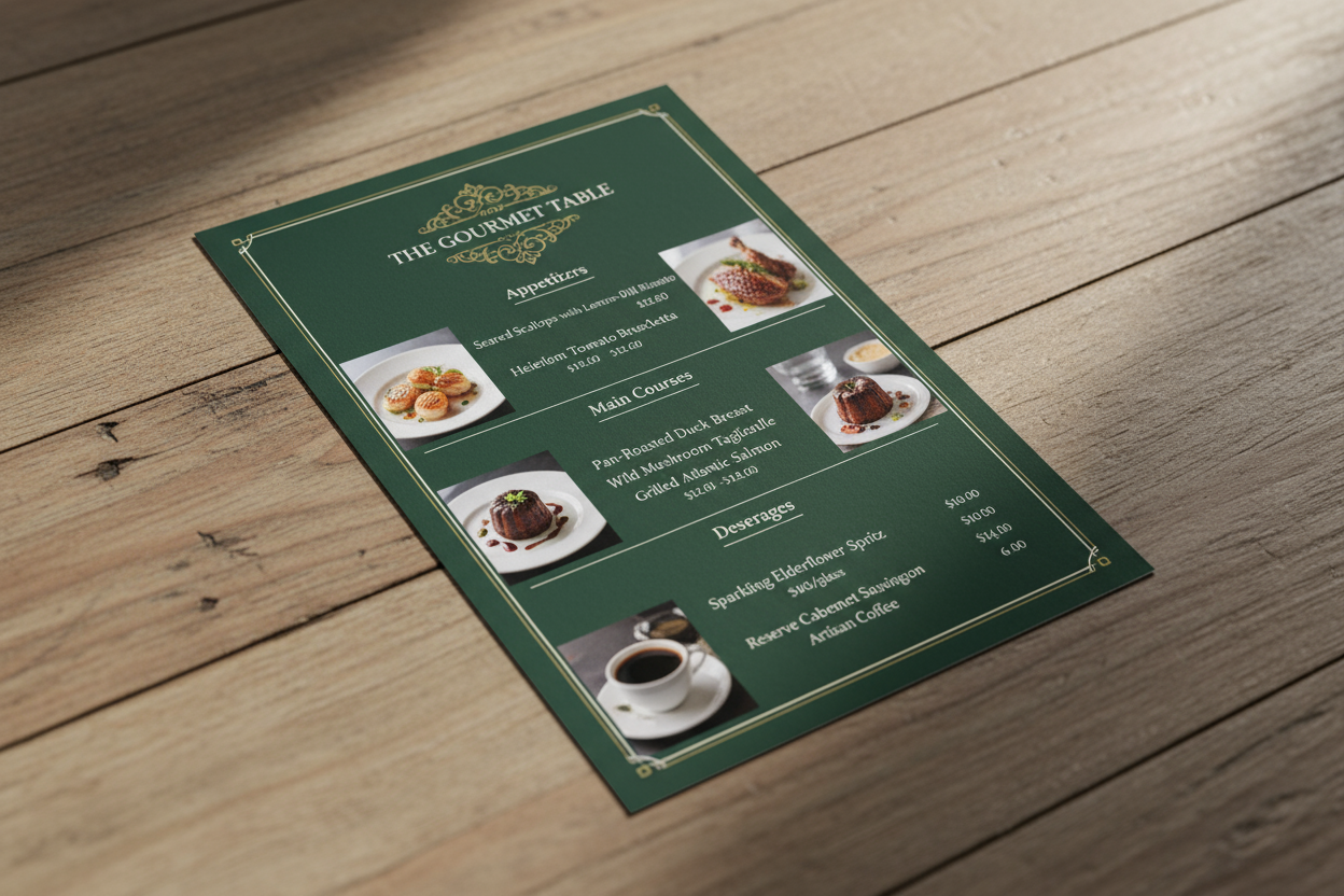A5 Flyer mockup of restaurant menu with content and size