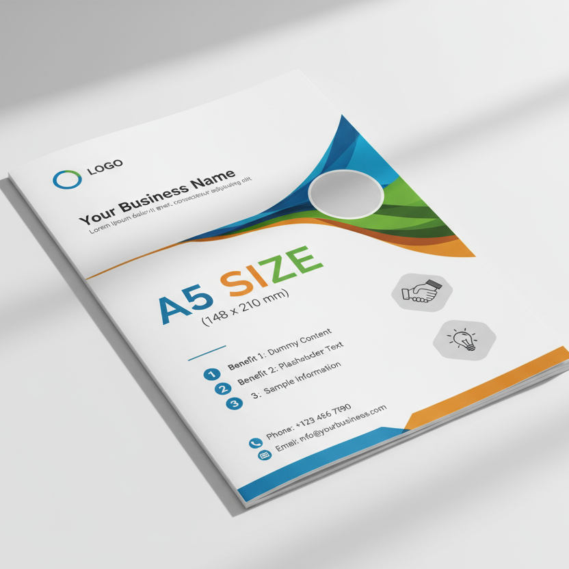 A5 flyer mockup with dummy content and mention size A5