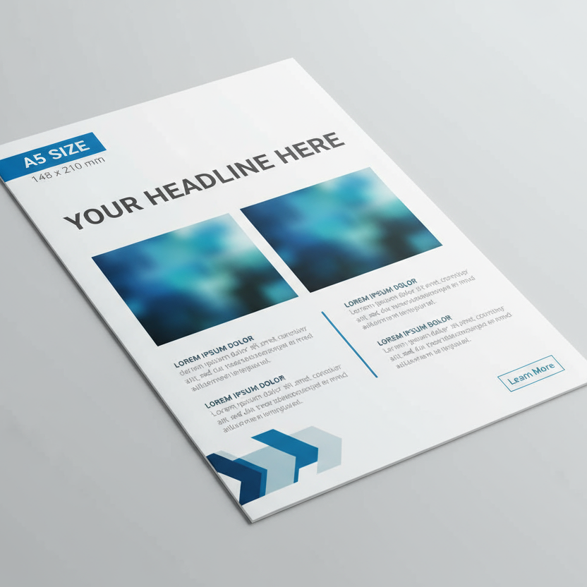 A5 Flyer mockup with dummy content and mention size A5