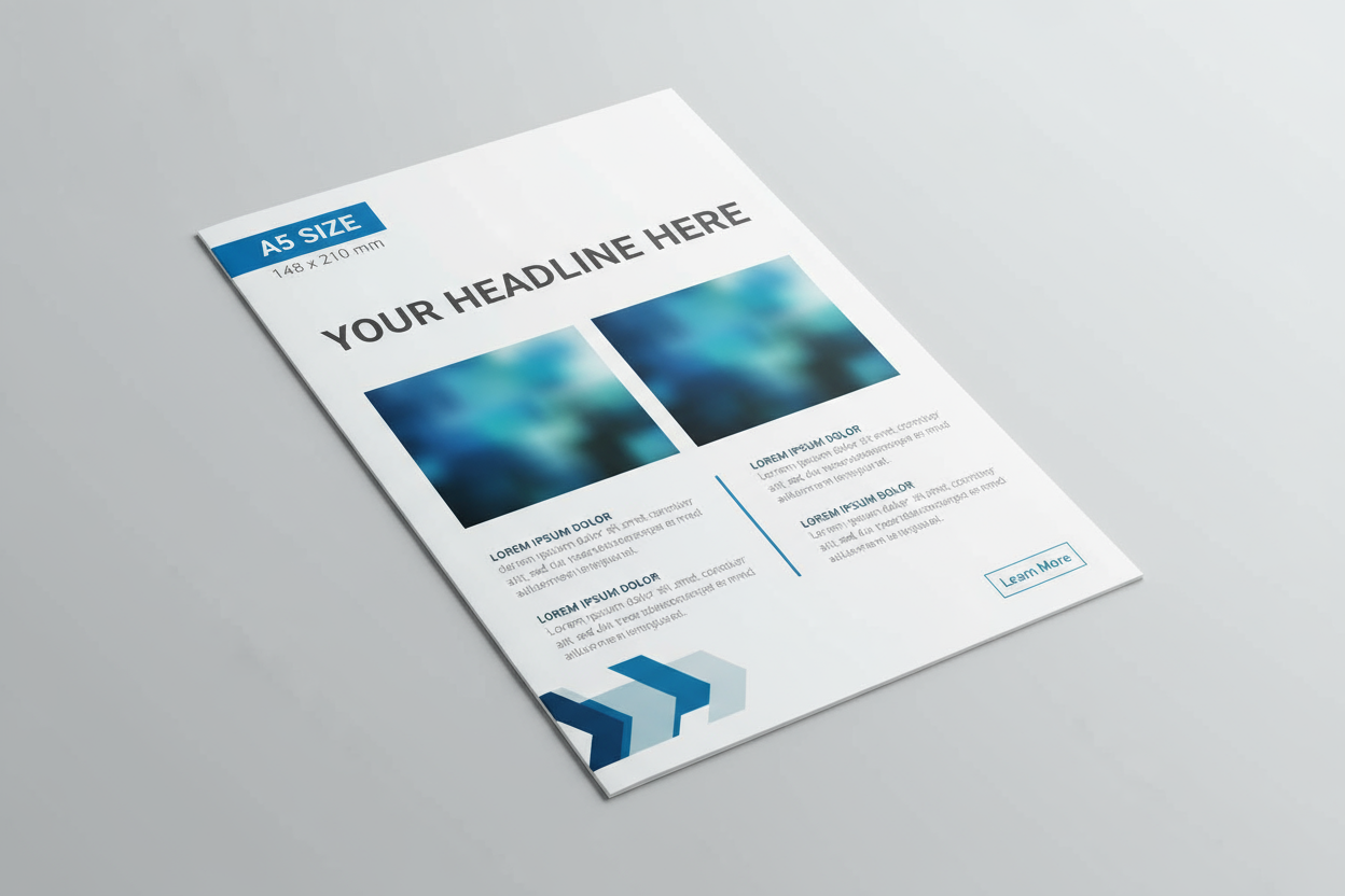 A5 Flyer mockup with dummy content and mention size A5
