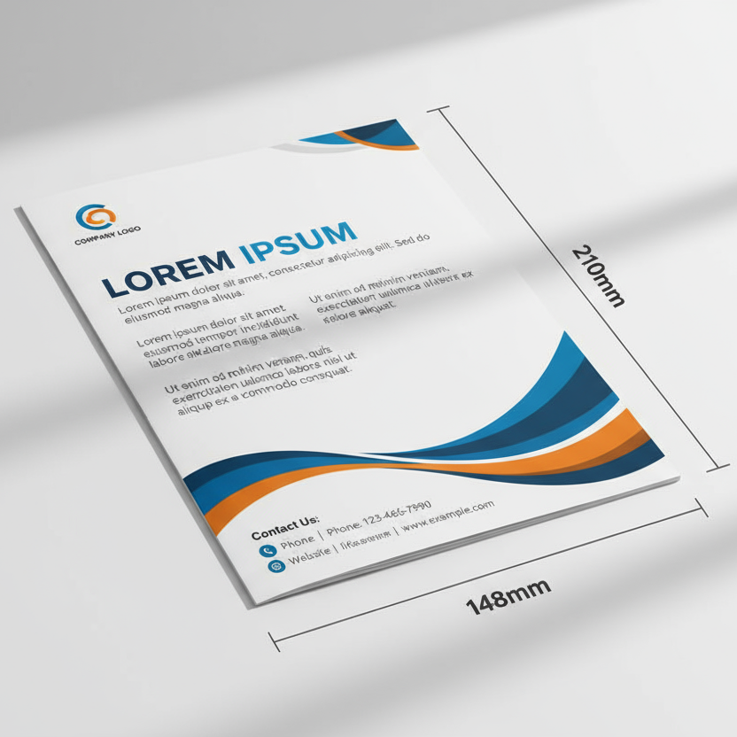 A5 Flyer mockup with size indication and dummy content