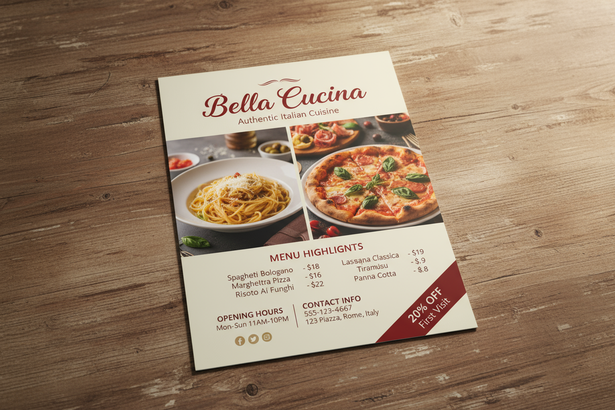 B5 Flyer Mockup with dummy restaurant content 